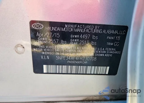 2015 Hyundai Sonata Sport z USA, uszkodzony, nr VIN 5NPE34AF4FH230708